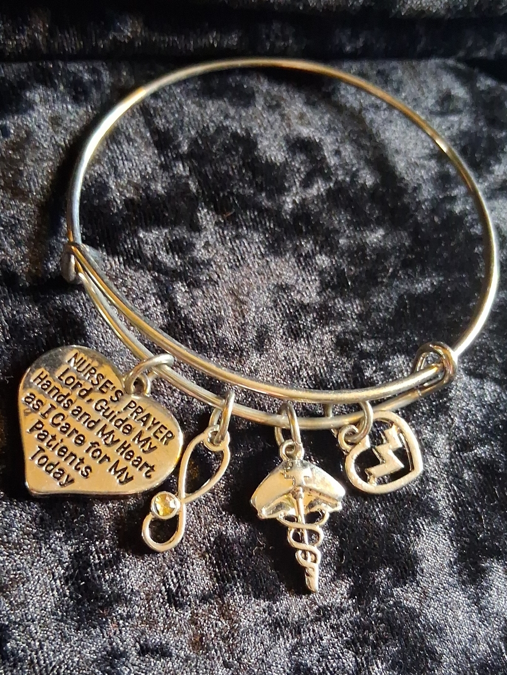 Silver Nurse Charm Bangle Bracelet - Inspirational Heart & Medical Charms